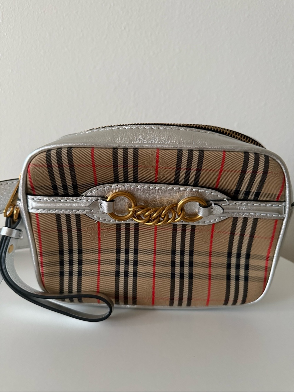 Burberry vintage check belt bag silver leather trim .